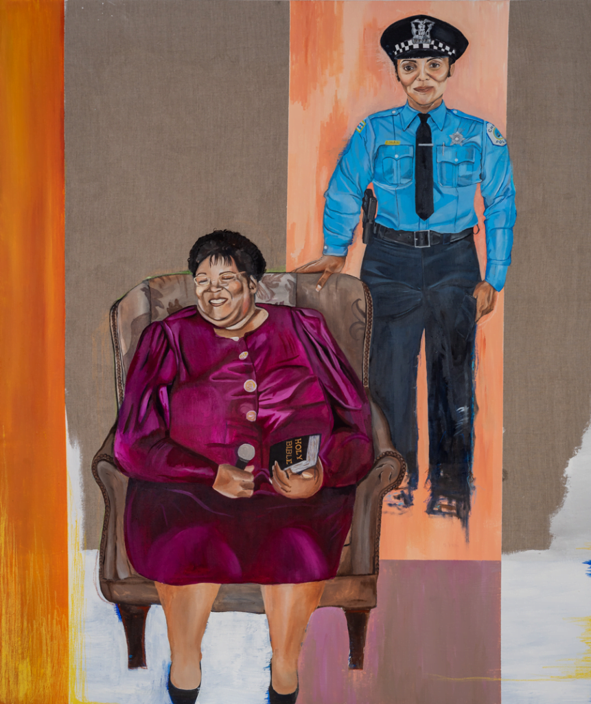 Khaleb Brooks The Pastor's Bodyguard, 2022 Oil, acrylic, and leather on linen 200.7 x 168.9 cm 79 x 66 1/2 in