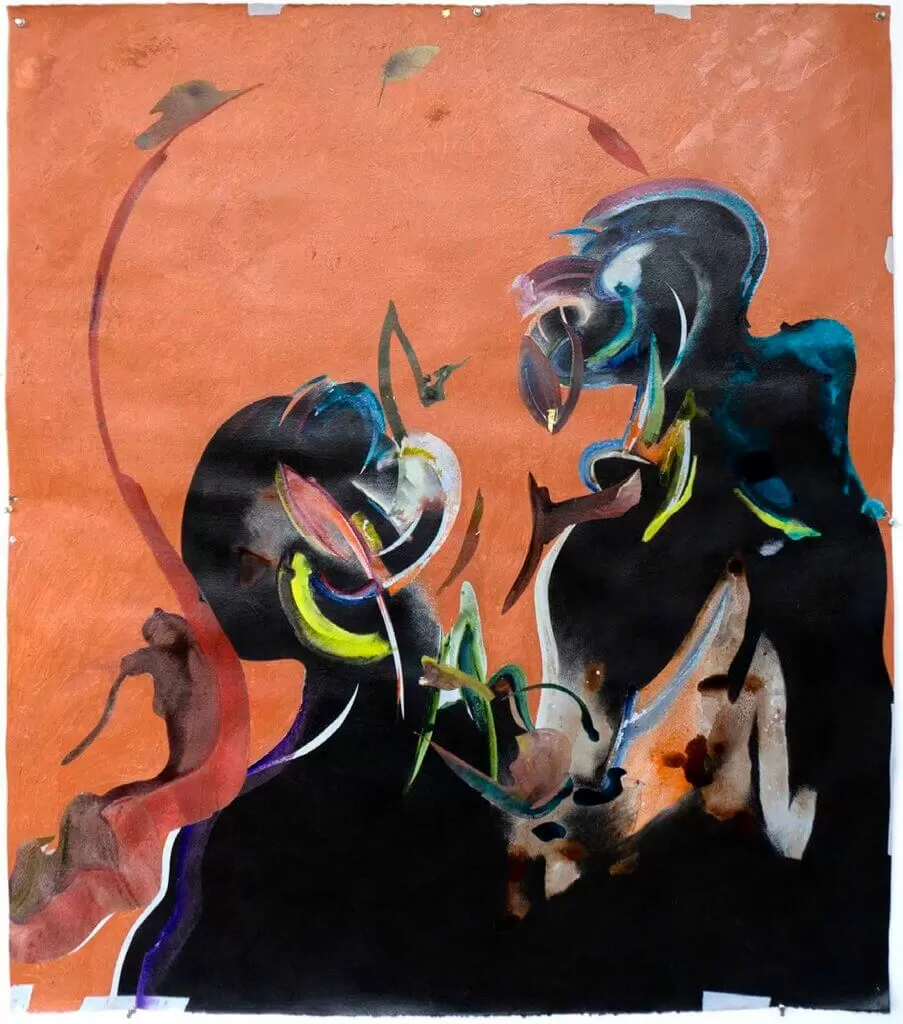 Leasho Johnson Untitled (twin portraits), 2021 Charcoal, watercolor, distemper, oil, logwood dye, gesso on paper mounted on canvas