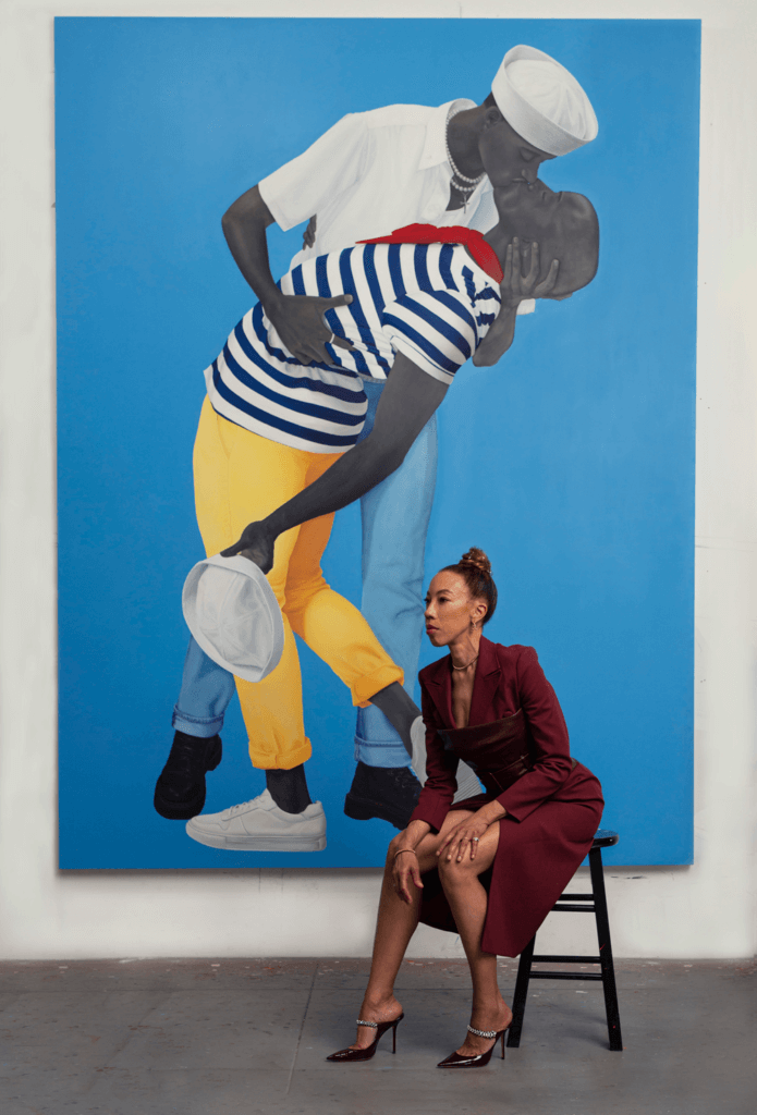 Amy Sherald in the studio with ‘For love, and for country’ (2022)