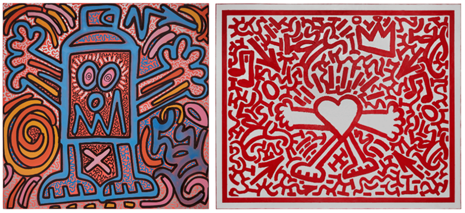 (L-R: Angel Ortiz - Dance Party, 2022, Paintmarker and spray paint on canvas, 48 x 48 in; King of Hearts, 2022, Acrylic on canvas, 60 x 72 in)