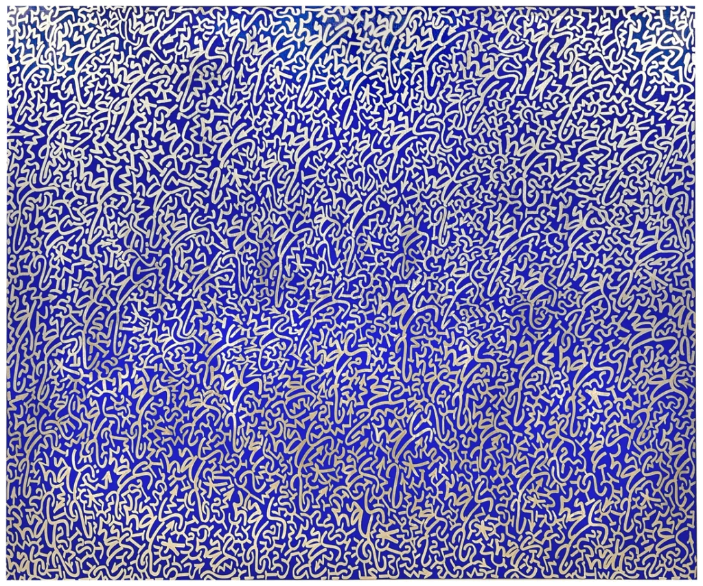 Angel Ortiz, Primo, 2022 Silver paintmarker on canvas