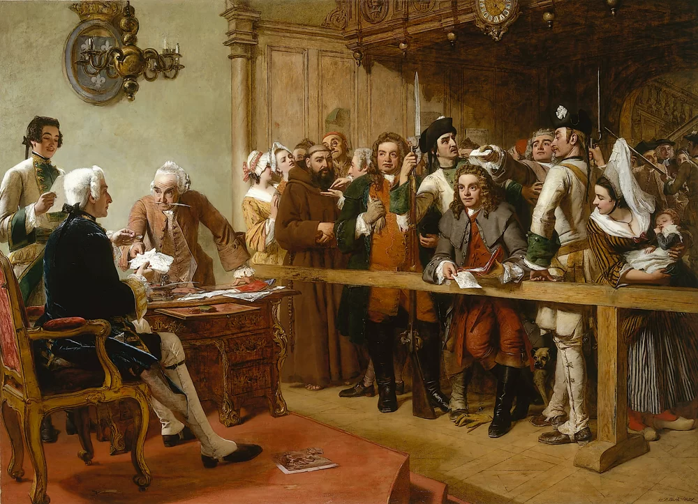 William Powell Frith Hogarth Brought Before the Governor of Calais as a Spy 1819-1909 Oil on canvas 111.7 x 152.7 cm Courtesy of Martin Beisly Fine Art