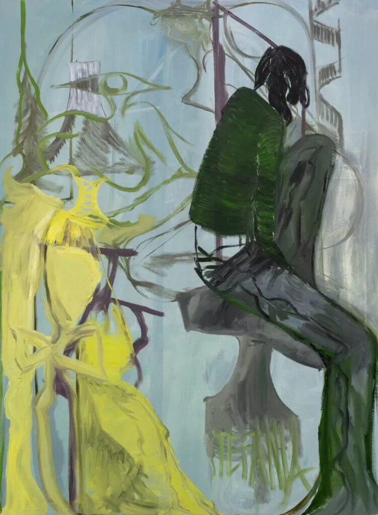 Stefania Batoeva, Figure and ghost in a fairytale landscape with chimney, 2022